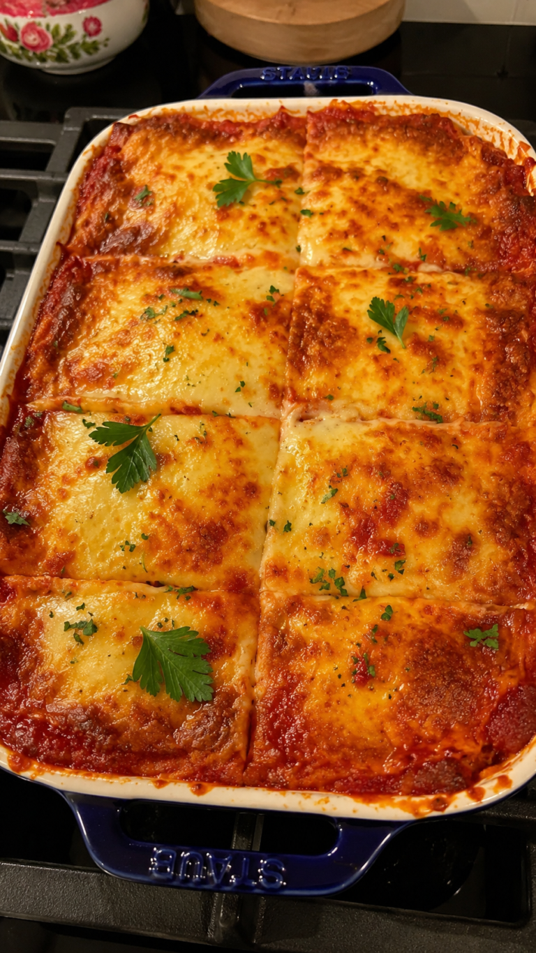 Baked Lasagna with Melted Cheese and Parsley