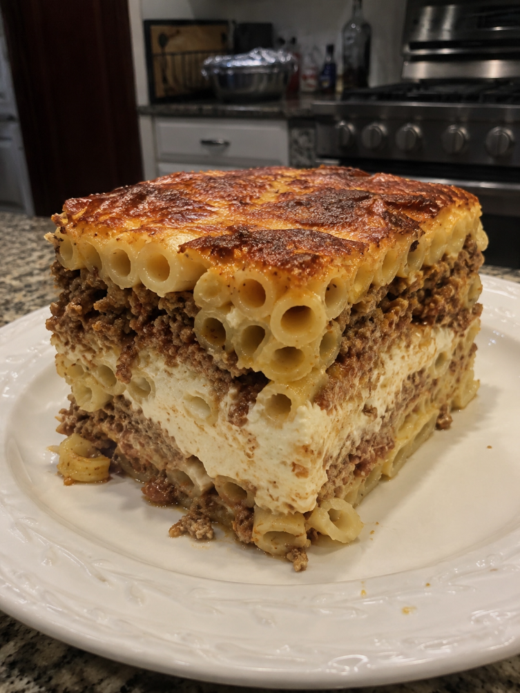 Baked Ziti Casserole with Meat and Cheese Layers