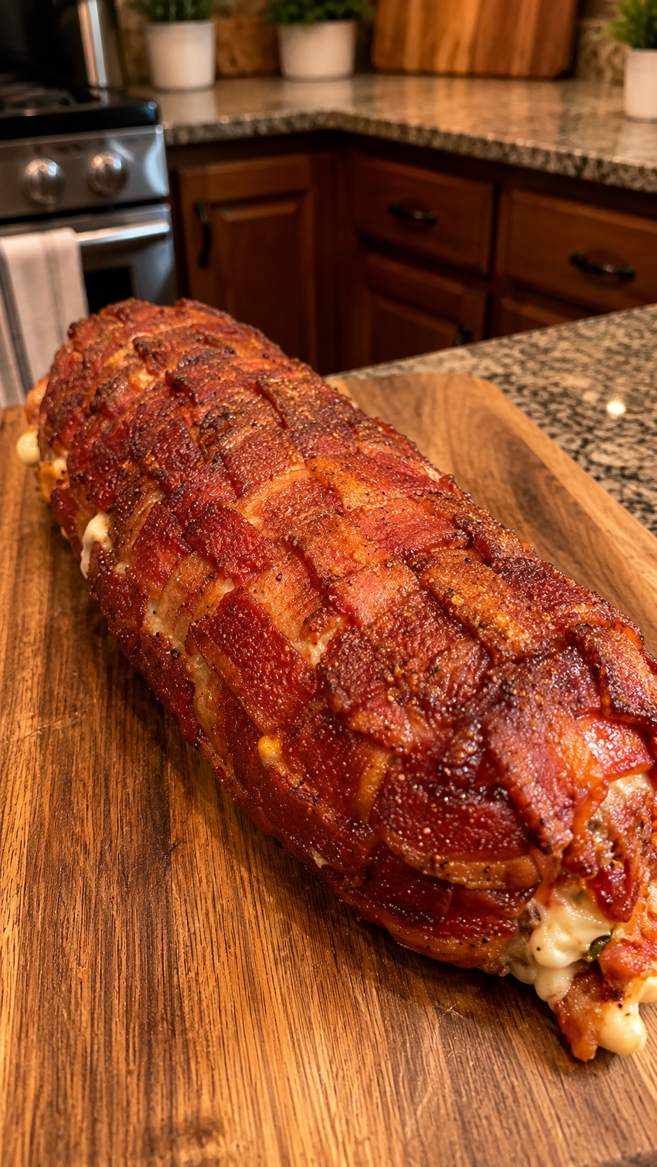 Meatloaf wrapped in beef bacon. 1 Meatloaf wrapped in beef bacon.