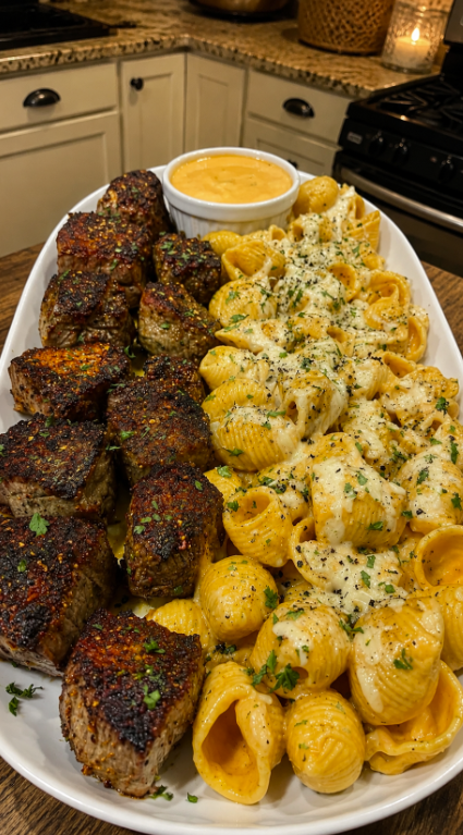 Steak and Pasta Platter with Cheese Sauce 1 Steak and Pasta Platter with Cheese Sauce